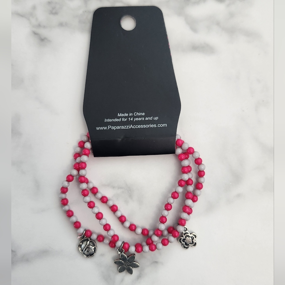 NWT Paparazzi Floral Pink & Silver Beads Charm Bracelet - Picture 6 of 7
